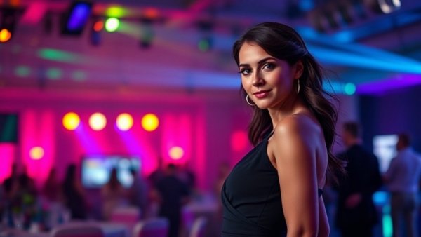 Elegant woman in black dress at vibrant event, colorful lighting.