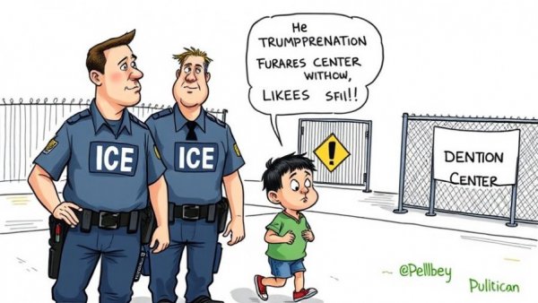 ICE detention facilities cartoon with officers and child