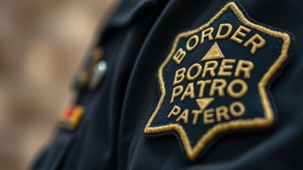 Close-up of U.S. Border Patrol badge on uniform, emblem details visible.