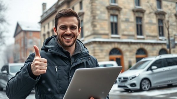 Man in winter coat thumbs up during snowy Poilievre international trip.