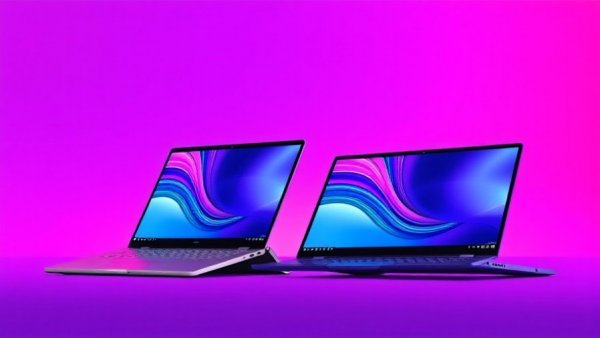 Sleek modern 2-in-1 laptops against vibrant gradient backdrop.