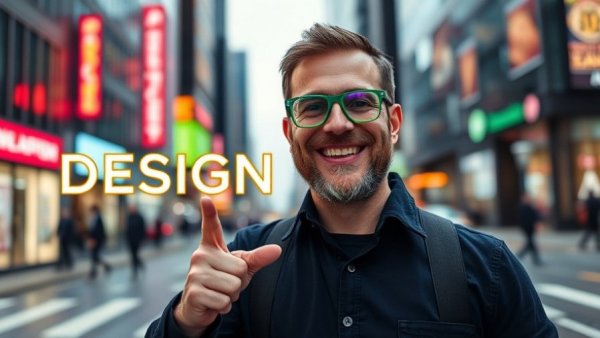 Design project planning steps highlighted by a cheerful man pointing at text.