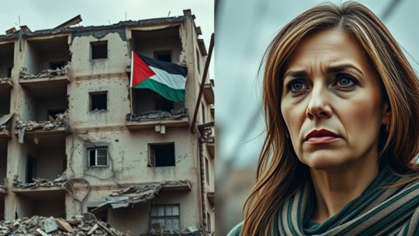 Damaged building with Palestinian flag and serious woman, illustrating abuse of Palestinian journalists.