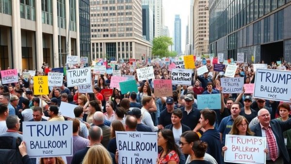 Protest against Trump's ballroom project with crowd and banners.