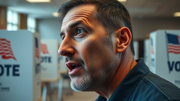 Trump SAVE Act voting rights image with speaking man and voting booths