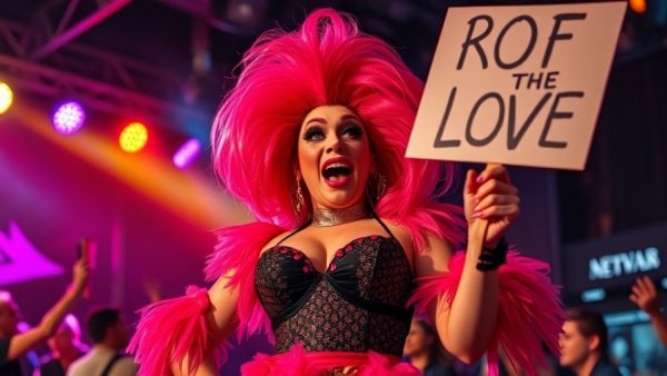 Drag performer protesting Texas drag ban with a sign.