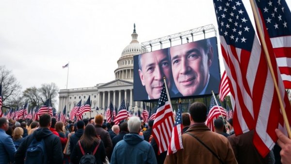 Crowd with flags near screen in front of landmark building.