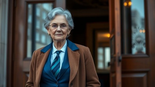 Distinguished woman exits building, formal setting, evening lighting.