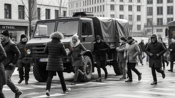 Activism scene with people and truck in urban setting, finding hope in LGBTQ activism.