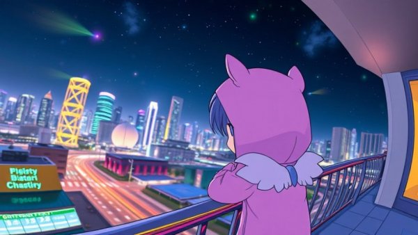 Cartoon character with Y2K aesthetics in a glowing cityscape.