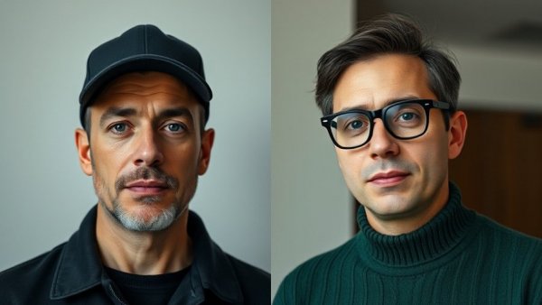 Two men with neutral expressions and different backgrounds.