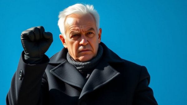 Intense moment of a determined older man raising a fist, blue backdrop.