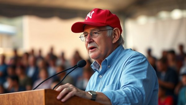 Political rally with man in a red cap, speaking at podium.