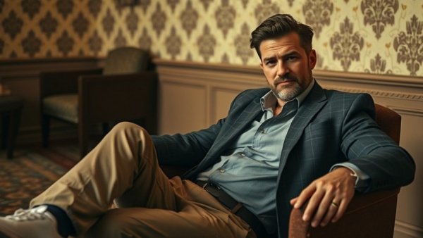 Stylish man sitting confidently in a room, showcasing Pillion LGBTQ representation.