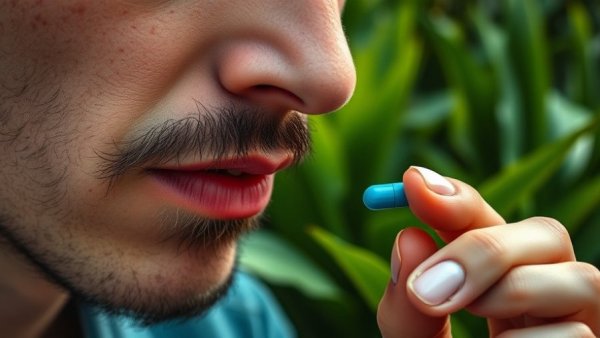 Person taking blue pill in plant-filled room; Florida cuts HIV/AIDS funding context.