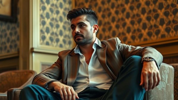 Casual man seated promoting LGBTQ rights in stylish outfit.