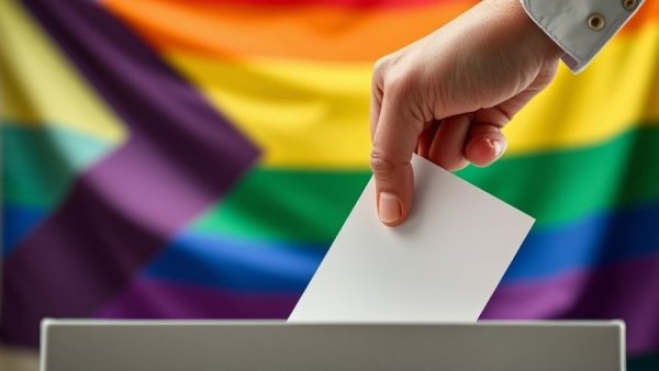Hand casting vote with LGBTQ+ flag in background, LGBTQ+ News.