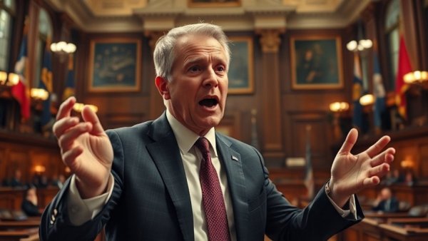 Conservative discontent in political speech setting, expressive male figure.