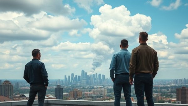 Rooftop view with smoke plumes as men observe city skyline, US and Israel attack Iran.