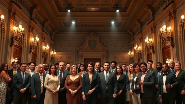 Formal gathering in grand hall reflecting Operation Epic Fury theme.