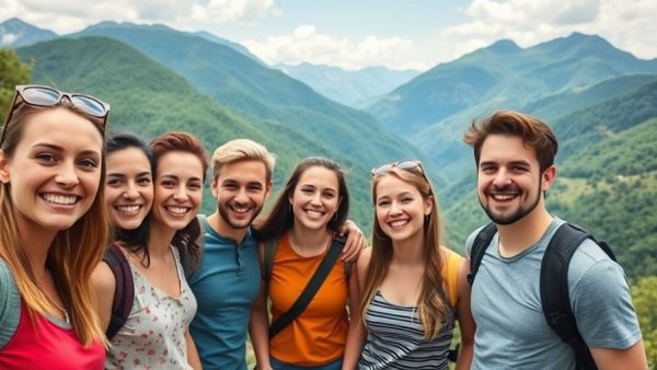 Young adults smiling with mountainous backdrop, Queen's University students stranded in Doha.