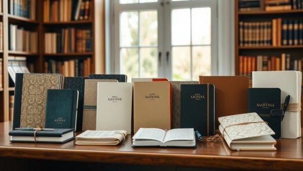 Elegant luxury notebooks arranged on a wooden desk.