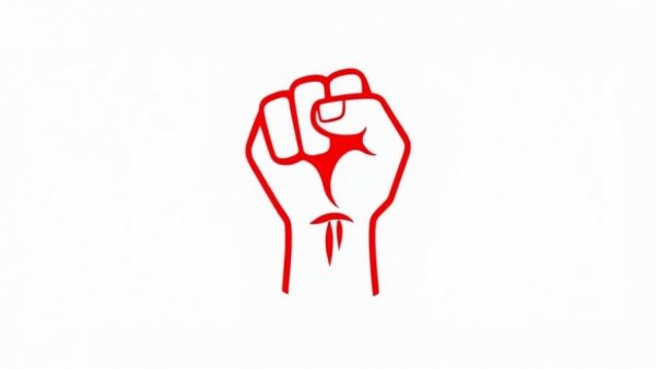 Minimalist red fist icon symbolizing power on white background.