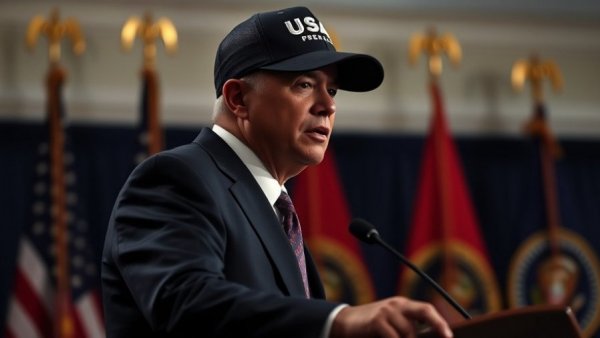 Speaker in suit and USA cap addressing audience at podium, flags behind.