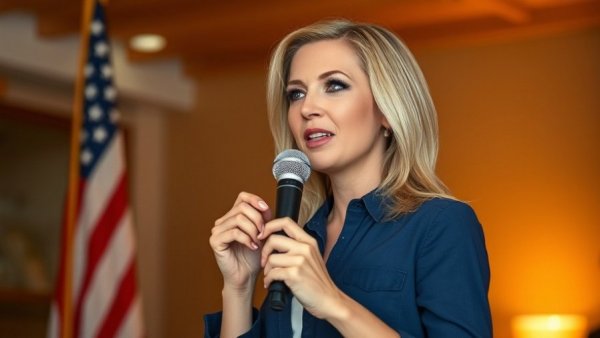 Woman speaking with microphone in formal setting, discussing LGBTQ+ voting issues.