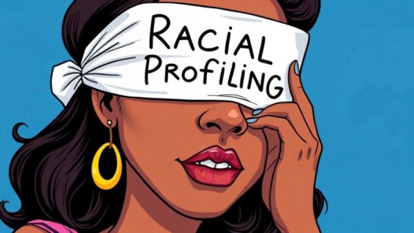 Illustrative cartoon on racial profiling with a blindfolded woman.