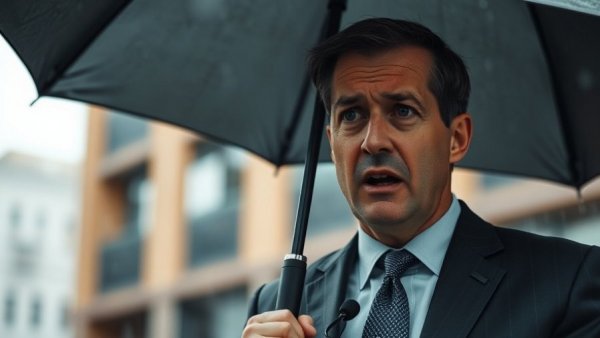 Man under umbrella speaking, symbolizing Republican protection of House majority.