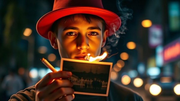 Young person reacts to Khamenei's death, burning photo at night.