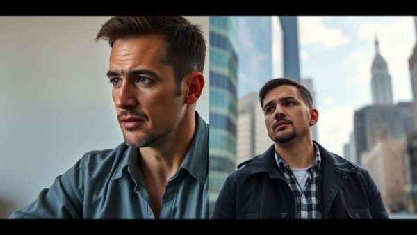 Two men communicating, one indoors casually, another outdoors in cityscape.