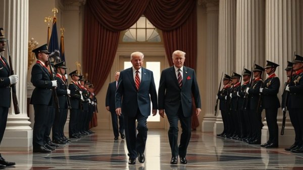 Political figures walking past guards, Clinton depositions in Epstein investigation backdrop.