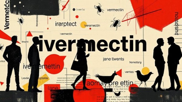 Abstract collage of ivermectin cancer treatment elements in mixed media style