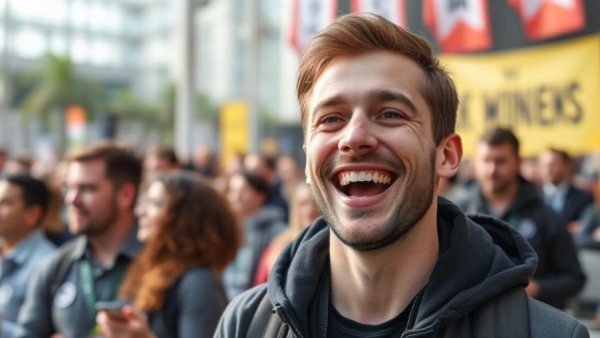 Enthusiastic man in a lively public event, highlighting anti-LGBTQ+ influence in education.