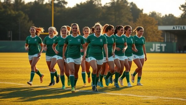 Women rugby players in green jerseys walk together on a field.
