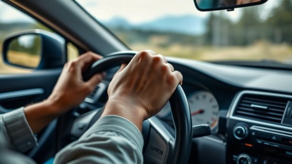 Close-up of hands on steering wheel, daylight in car interior.