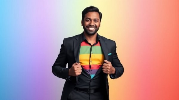 Smiling man in suit reveals rainbow shirt, colorful background.