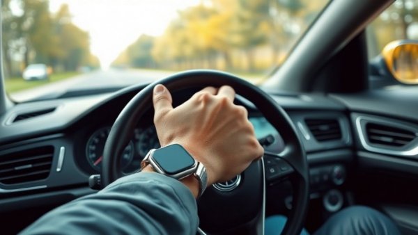 Person driving car wearing smartwatch, focused on hands and steering wheel.