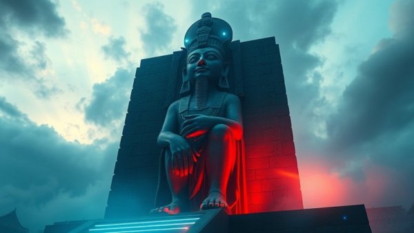 Statue with vaporwave neon effect in a tutorial setting