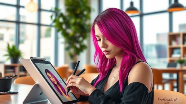 Digital artist using Procreate brushes on iPad for vibrant artwork.