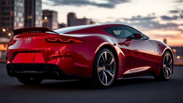 Award-winning websites concept with red sports car, urban dusk background.