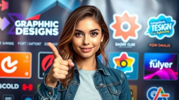 Graphic design software illustration with young woman pointing