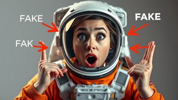 Woman shocked by fake AI details in astronaut image.