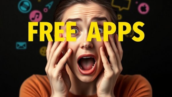 Surprised woman and graphic design icons, free apps query.