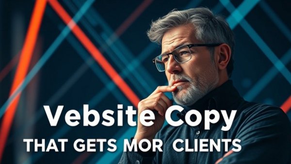 Website copy that gets more clients strategies, text-focused banner with man wearing glasses.