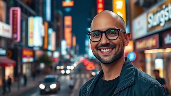 Smiling man with glasses in urban night scene, graphic design relevance.