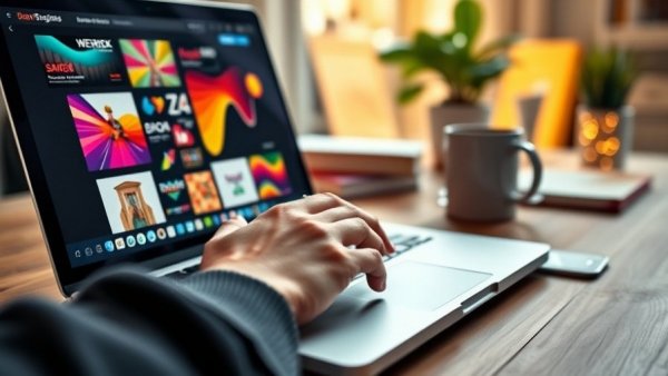 Close-up of laptop displaying graphic design work in a cozy office.