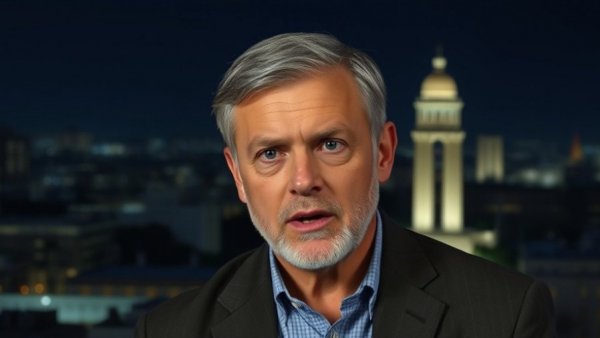 Middle-aged man speaking with Washington D.C. skyline at night.